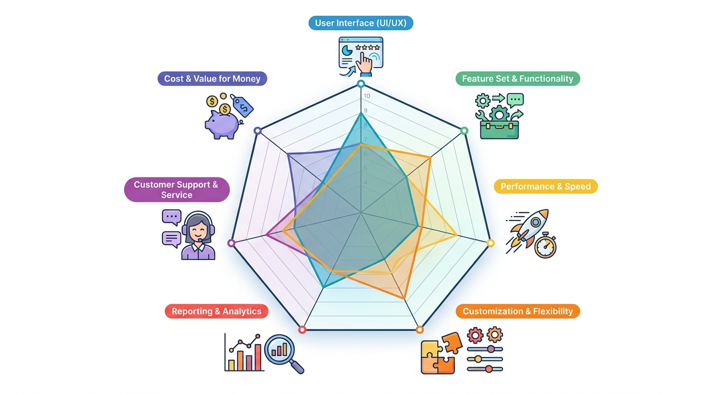 在线客服系统七大功能维度评估雷达图，专业数据图表，白色背景