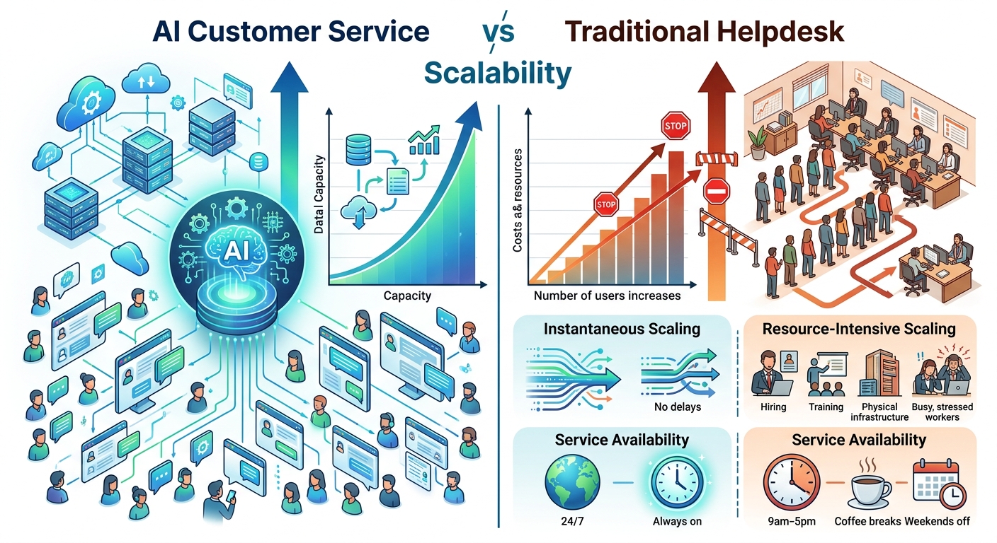 AI客服系统vs传统客服系统扩展性对比，双柱状图专业信息图，白色背景