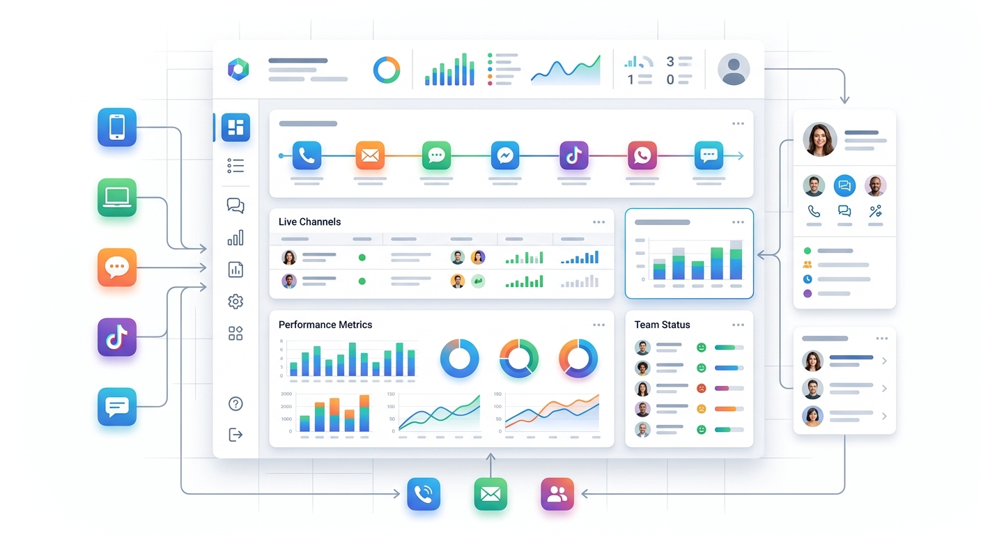 多渠道云客服统一管理界面示意图,专业数字平台界面,白色背景,无文字