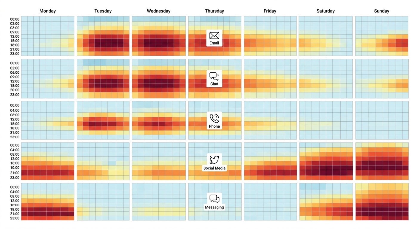 跨境电商客服对话量时段分布热力图，专业数据可视化，白色背景，无文字标注