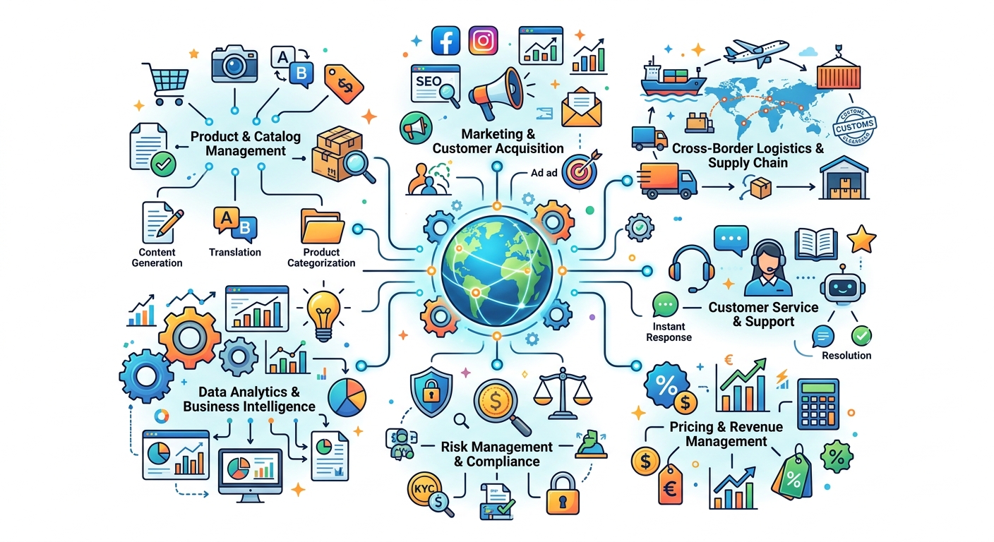 跨境电商新手AI工具应用地图，专业流程图，白色背景，无文字