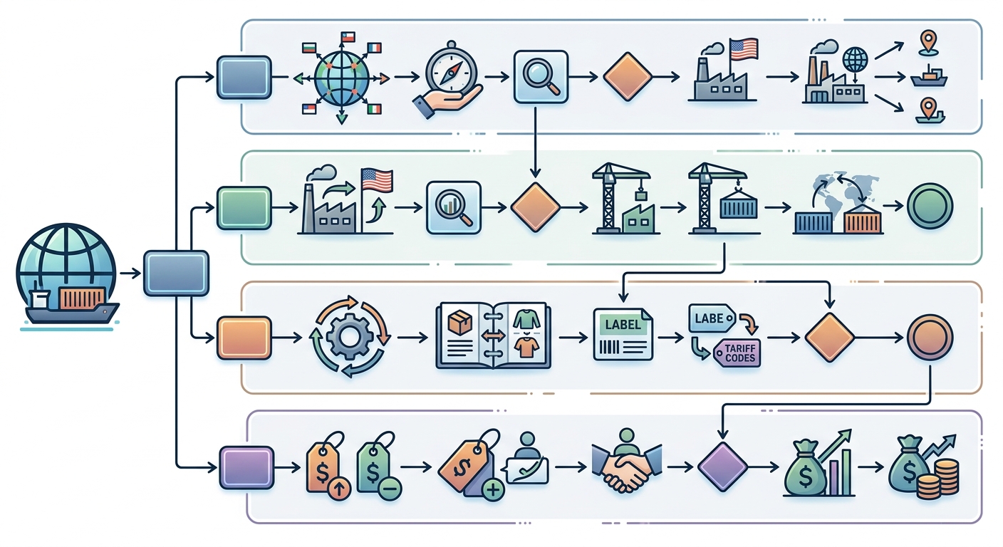 跨境电商卖家应对美国关税四条路径，专业决策流程图，白色背景，无文字