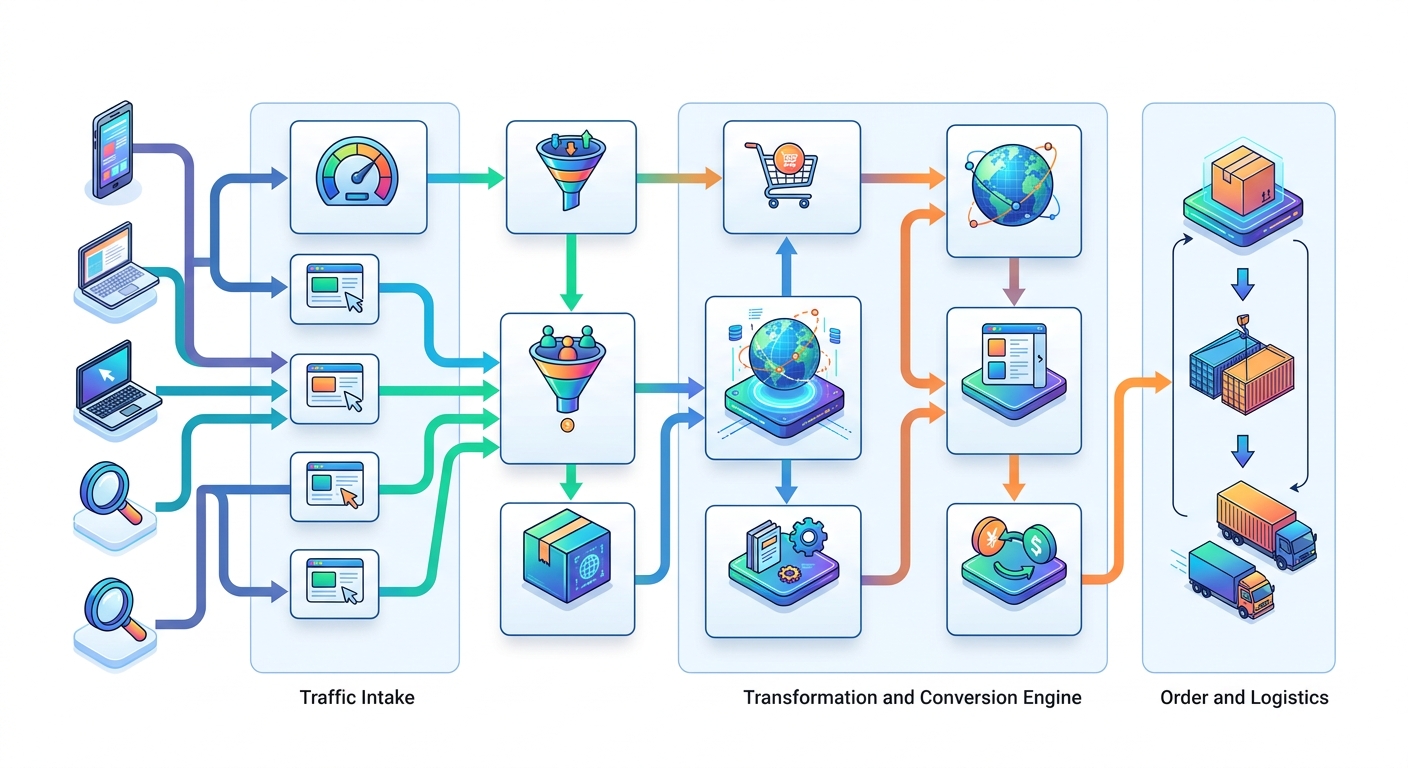 跨境电商平台流量逻辑变革示意图，专业信息图，白色背景，无文字