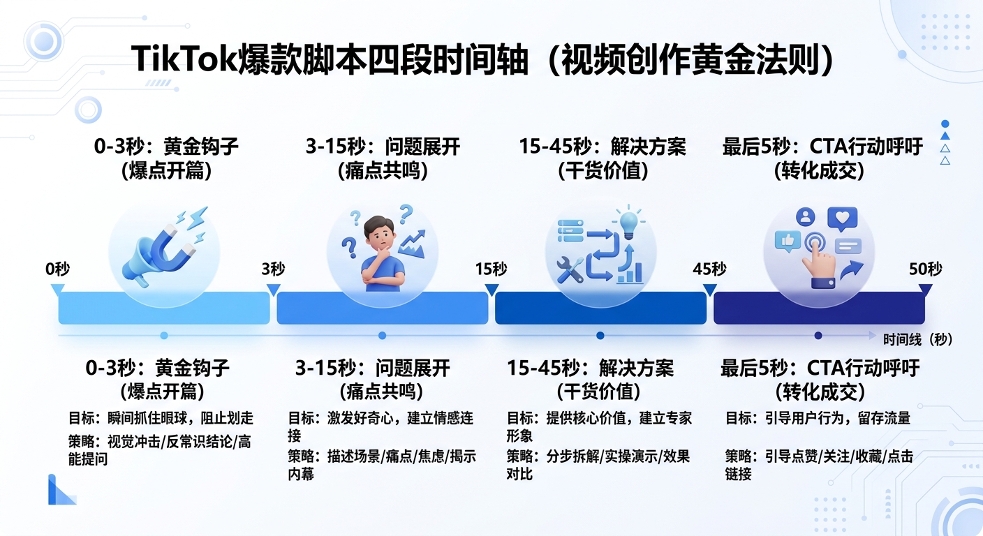 TikTok爆款脚本四段时间轴:Hook→问题→方案→CTA