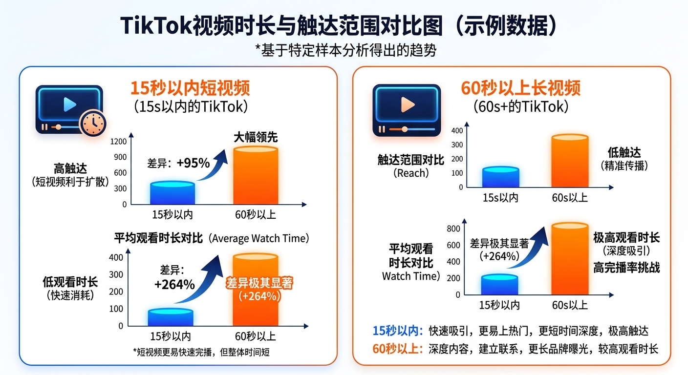TikTok视频时长与触达范围关系：60秒以上 vs 15秒以内数据对比