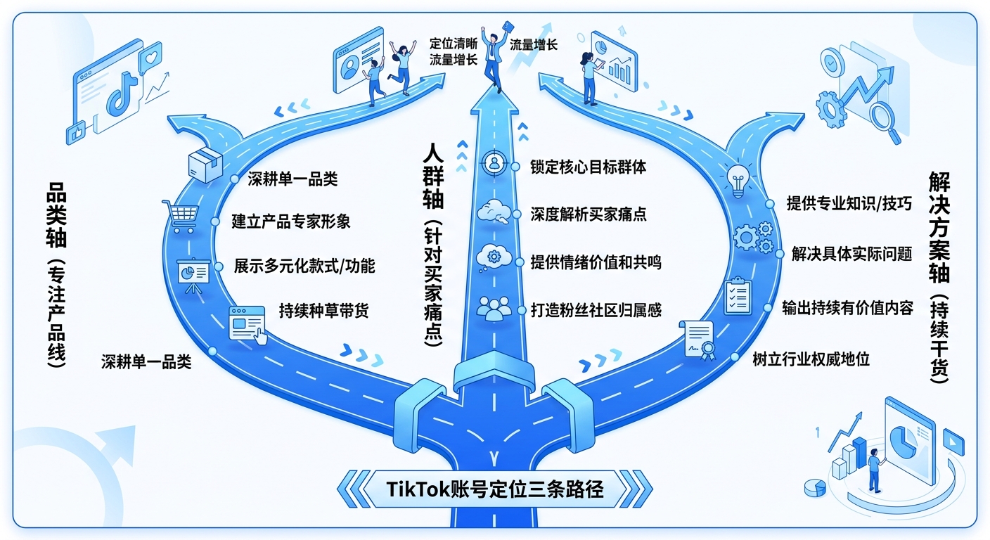 TikTok账号定位路径:品类轴/人群轴/解决方案轴三条路