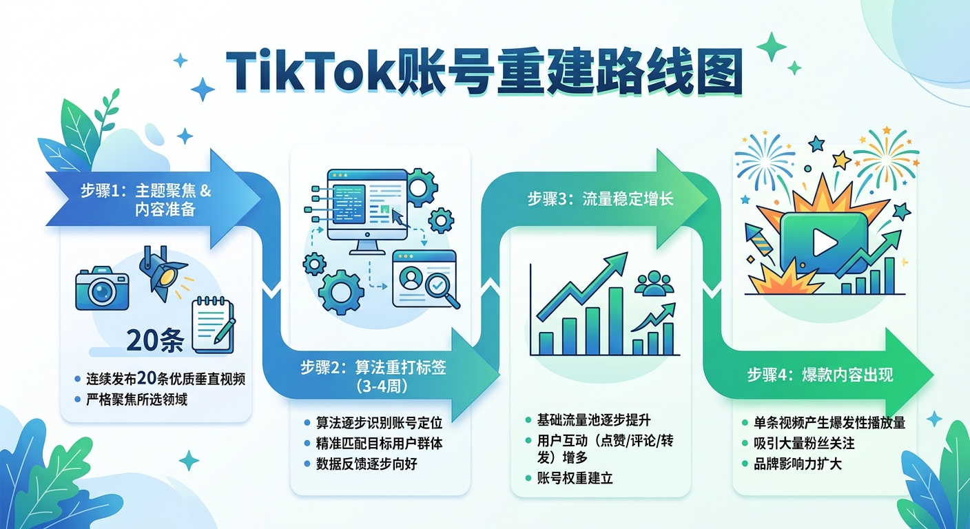 TikTok账号重建路线图:主题聚焦20条→算法重打标签→流量稳定期