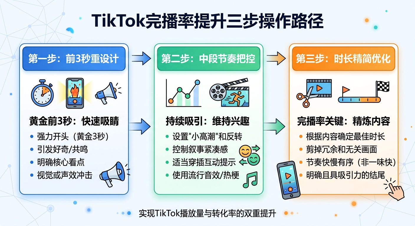 完播率提升路径：前3秒重设计→时长优化→中段节奏三步操作