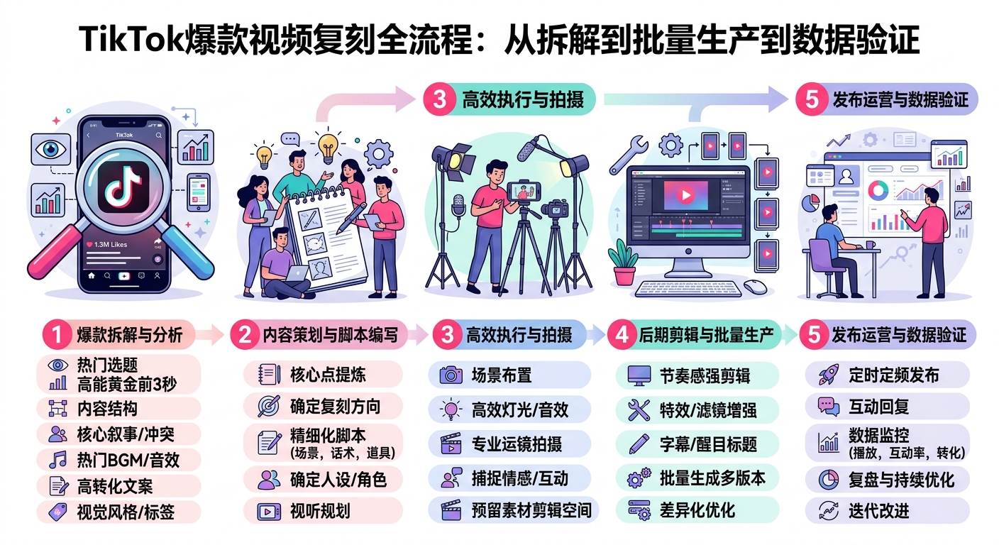 TikTok爆款复刻流程：结构拆解→模板提炼→批量生产→数据验证