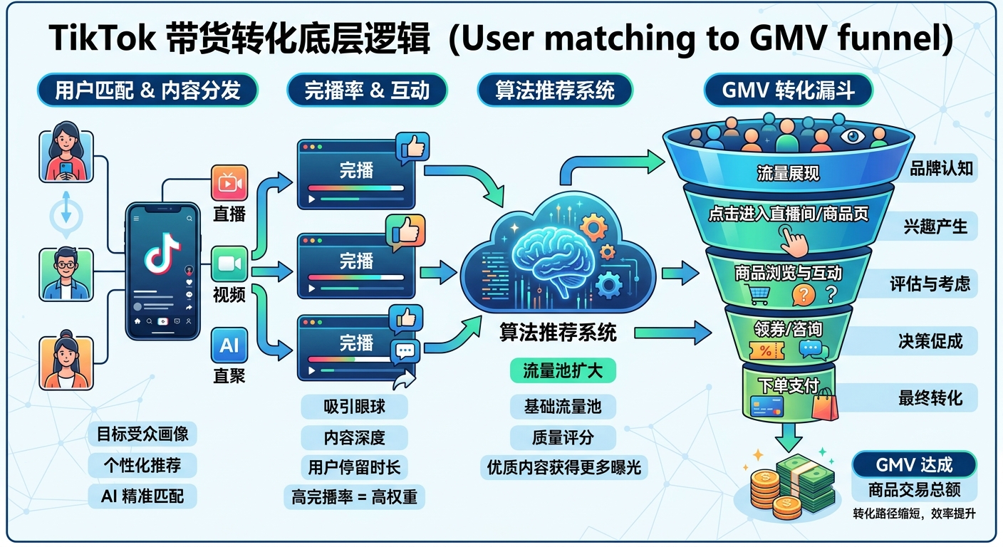 TikTok带货底层逻辑：用户匹配精准度→完播率→算法扩大推送→GMV转化