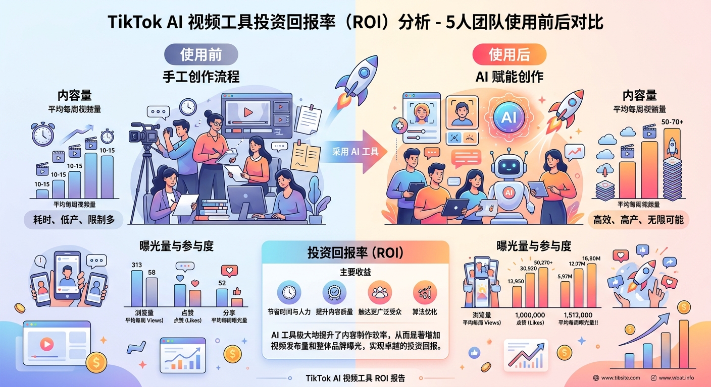TikTok AI视频工具ROI测算:5人团队使用前后内容量与曝光对比