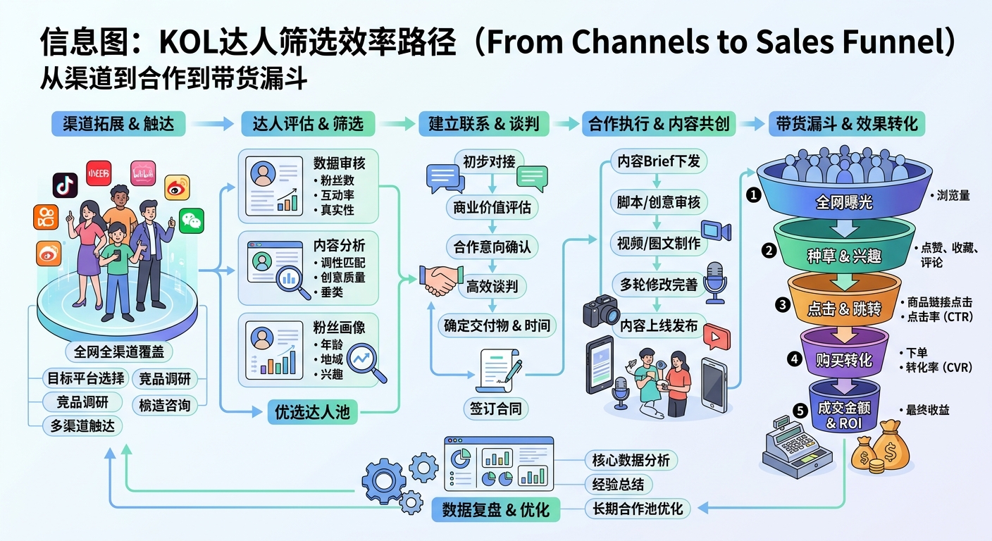 KOL达人筛选效率路径：从渠道到合作到带货的漏斗模型