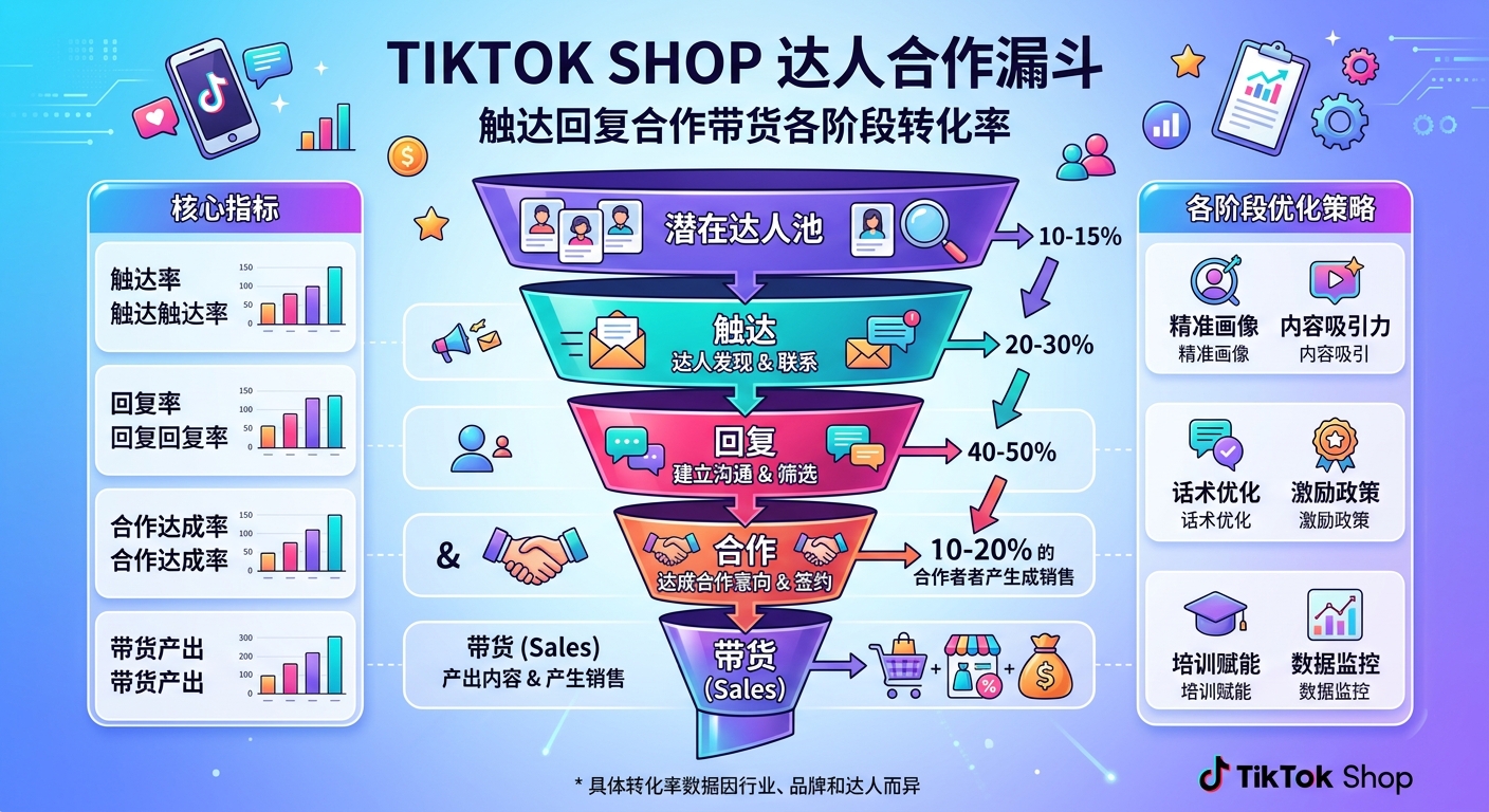 TikTok Shop达人合作漏斗：触达→回复→合作→带货的各阶段转化率基准
