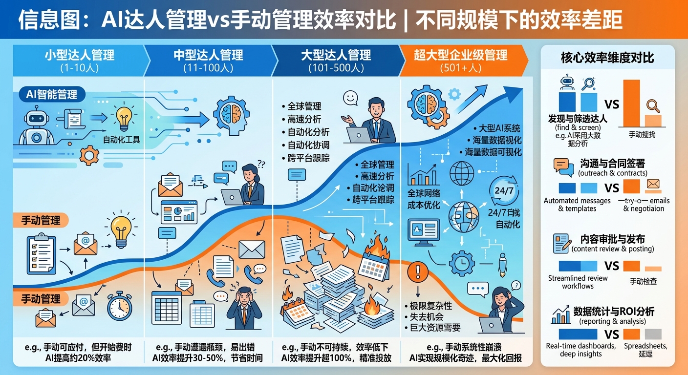 AI达人管理 vs 手动管理：两种模式在不同规模下的效率对比