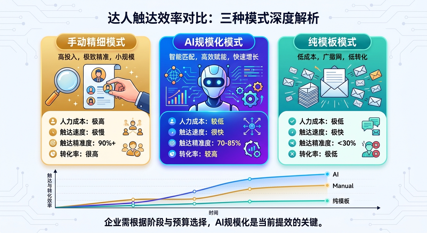 达人触达效率提升：手动精细 vs AI规模化 vs 纯模板群发的对比