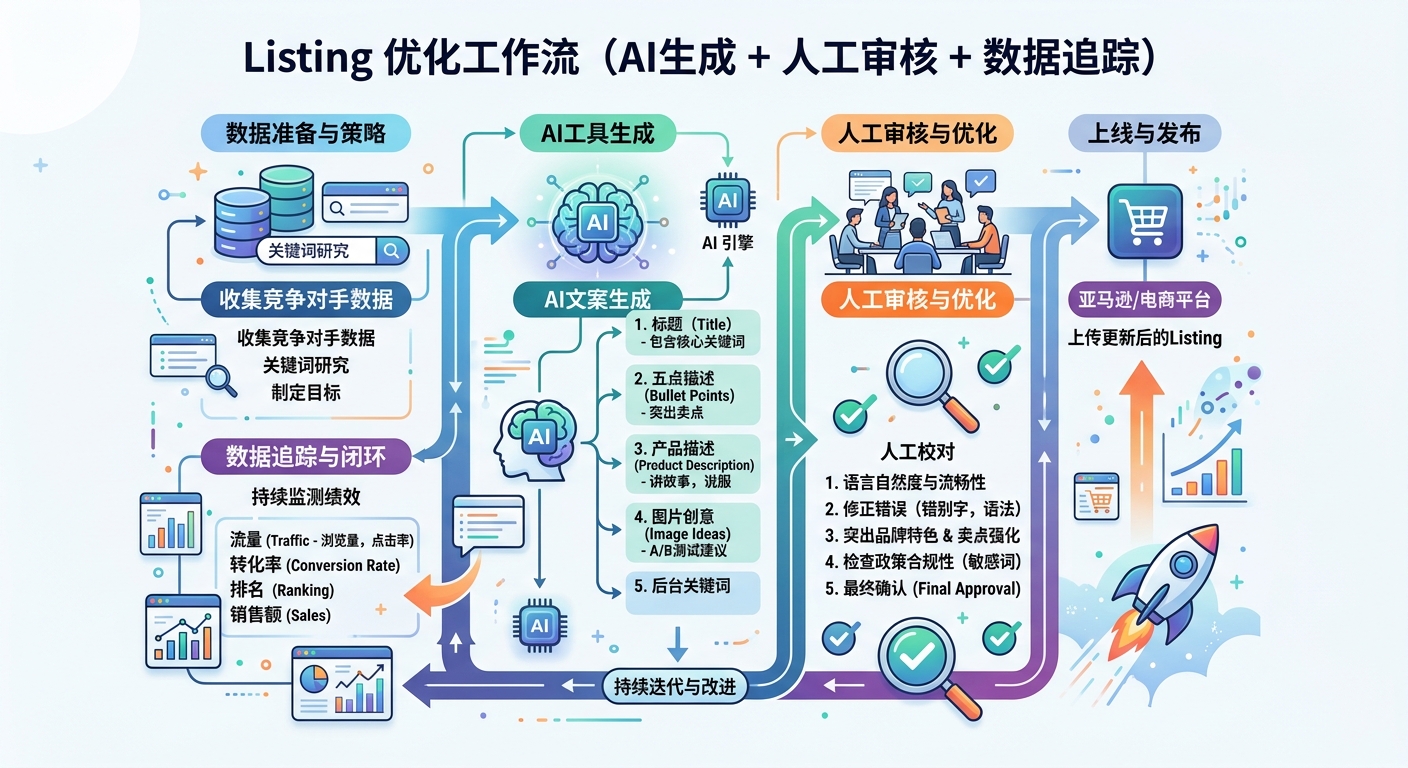 Listing优化工作流:AI工具生成 + 人工审核 + 数据追踪的标准流程