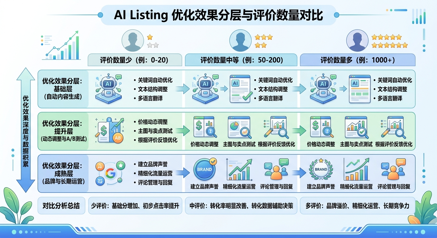 AI Listing优化效果分层：不同评价数量产品的优化效果对比