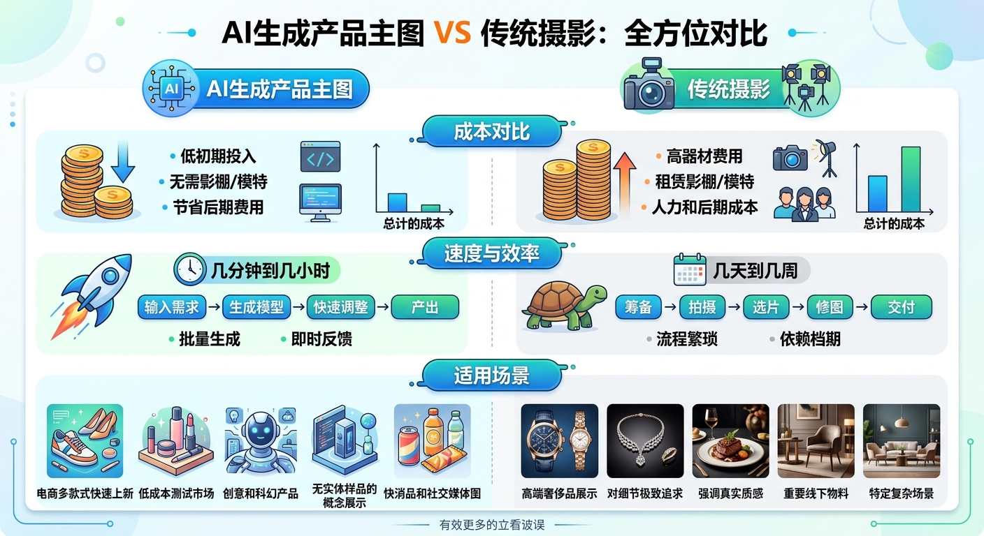 AI生成产品主图 vs 传统摄影：成本、速度、适用场景对比