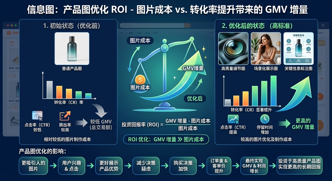 产品图优化ROI：图片成本 vs 转化率提升带来的GMV增量