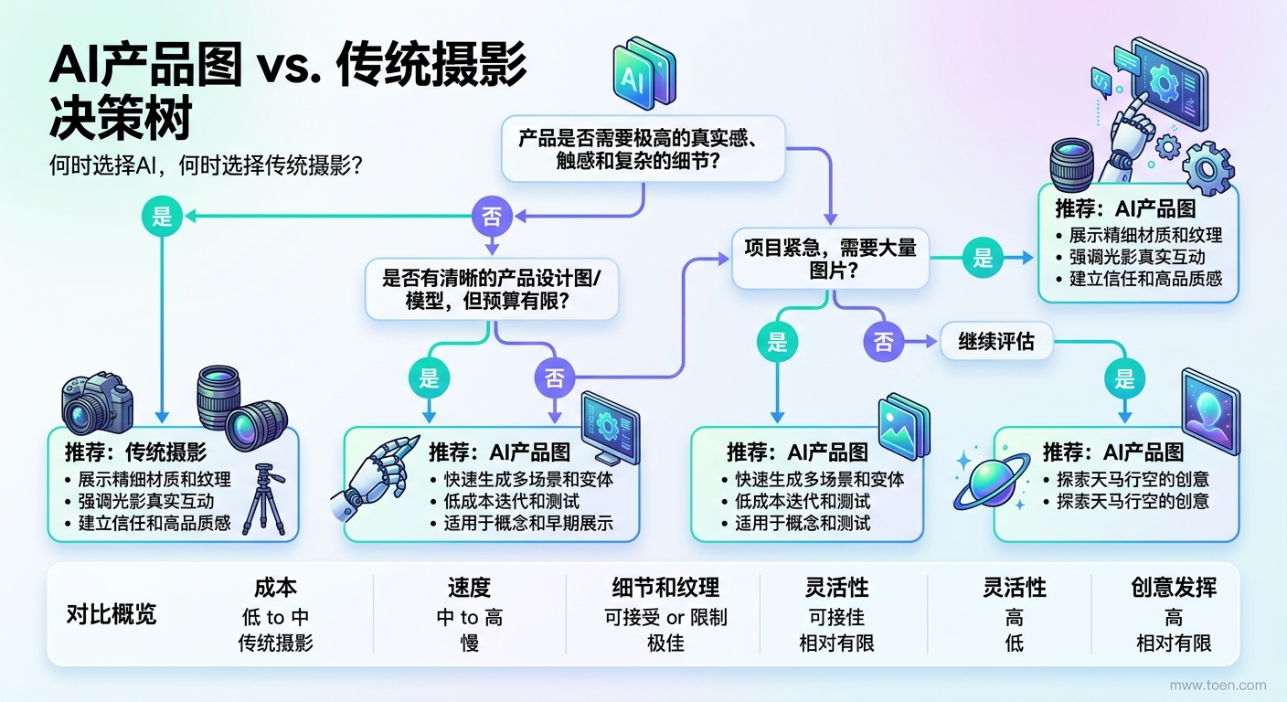 AI产品图使用决策树：何时用AI，何时用传统摄影