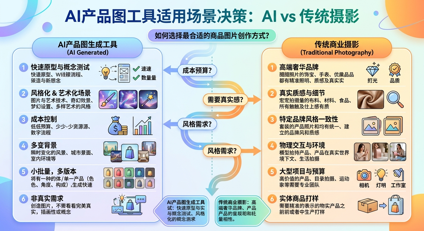 AI产品图工具适用场景决策:什么时候用,什么时候用传统摄影