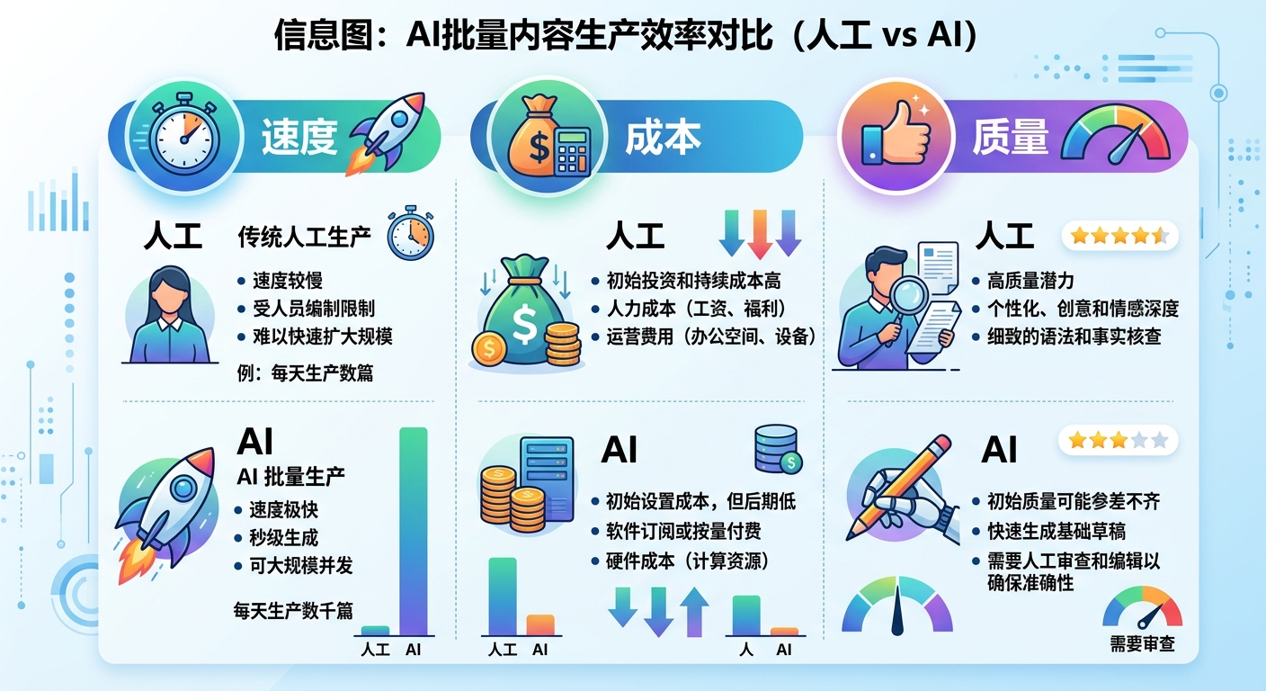 AI批量内容生产效率对比：人工 vs AI在速度、成本、质量的综合对比