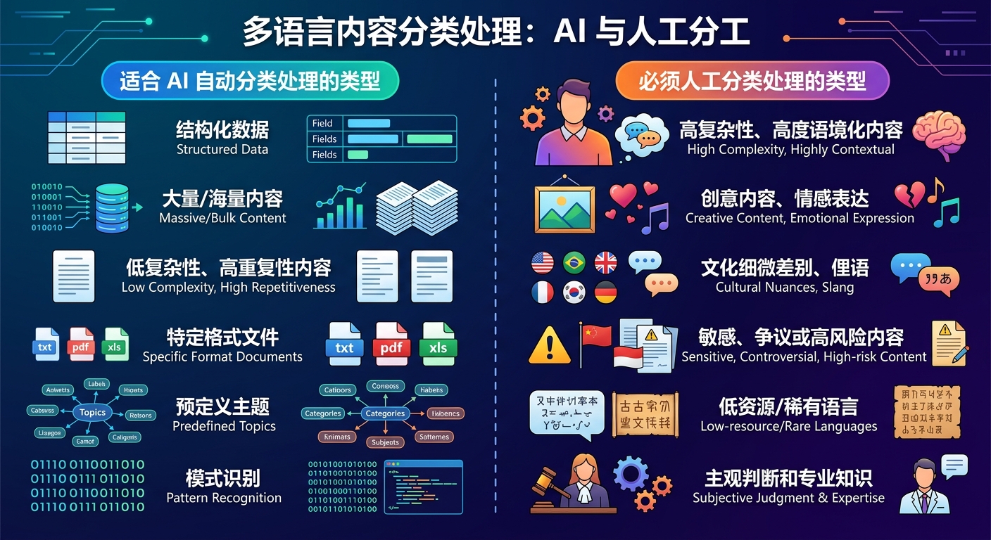 多语言内容分类处理：AI适合的内容类型和必须人工处理的内容类型