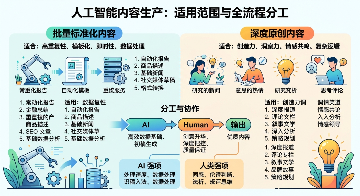 AI内容生产的适用范围：批量标准化内容 vs 深度原创内容的分工