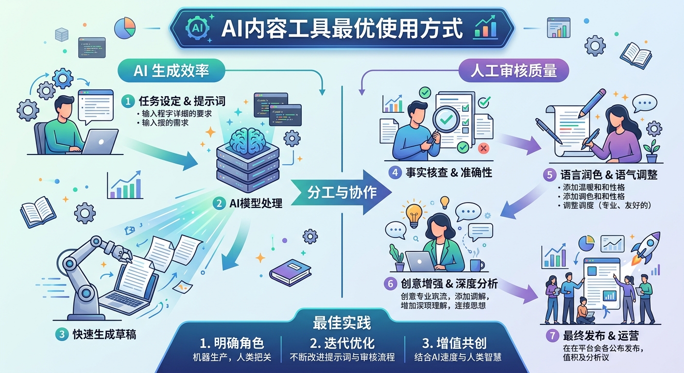 AI内容工具最优使用方式:AI生成效率 + 人工审核质量把关的分工模型