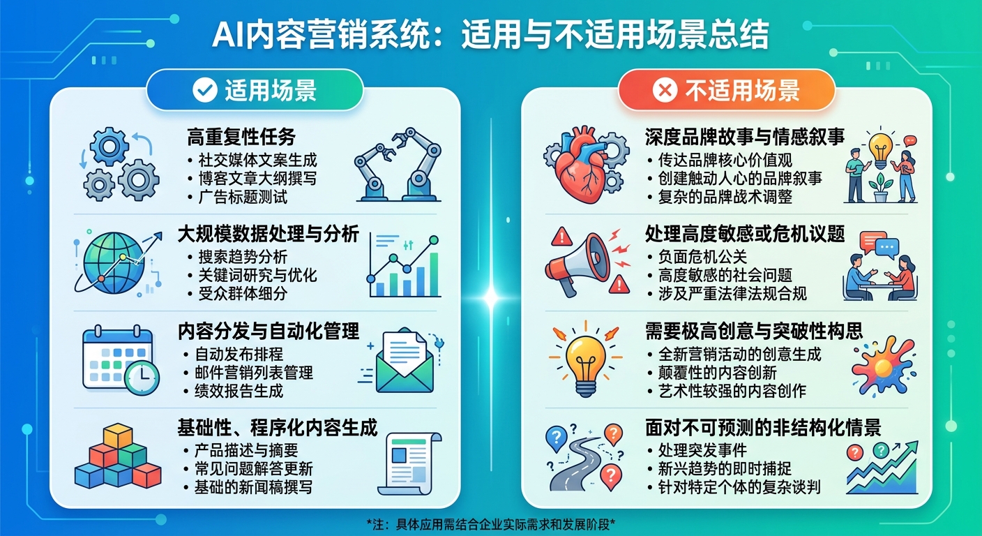 AI内容营销系统适用场景和不适用场景总结