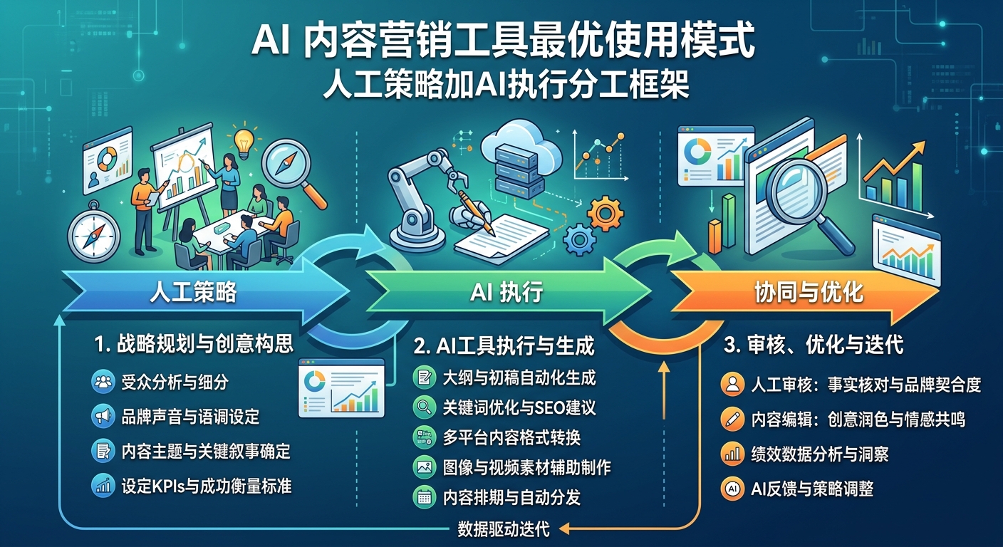 AI内容营销工具最优使用模式:人工策略 + AI执行的分工框架