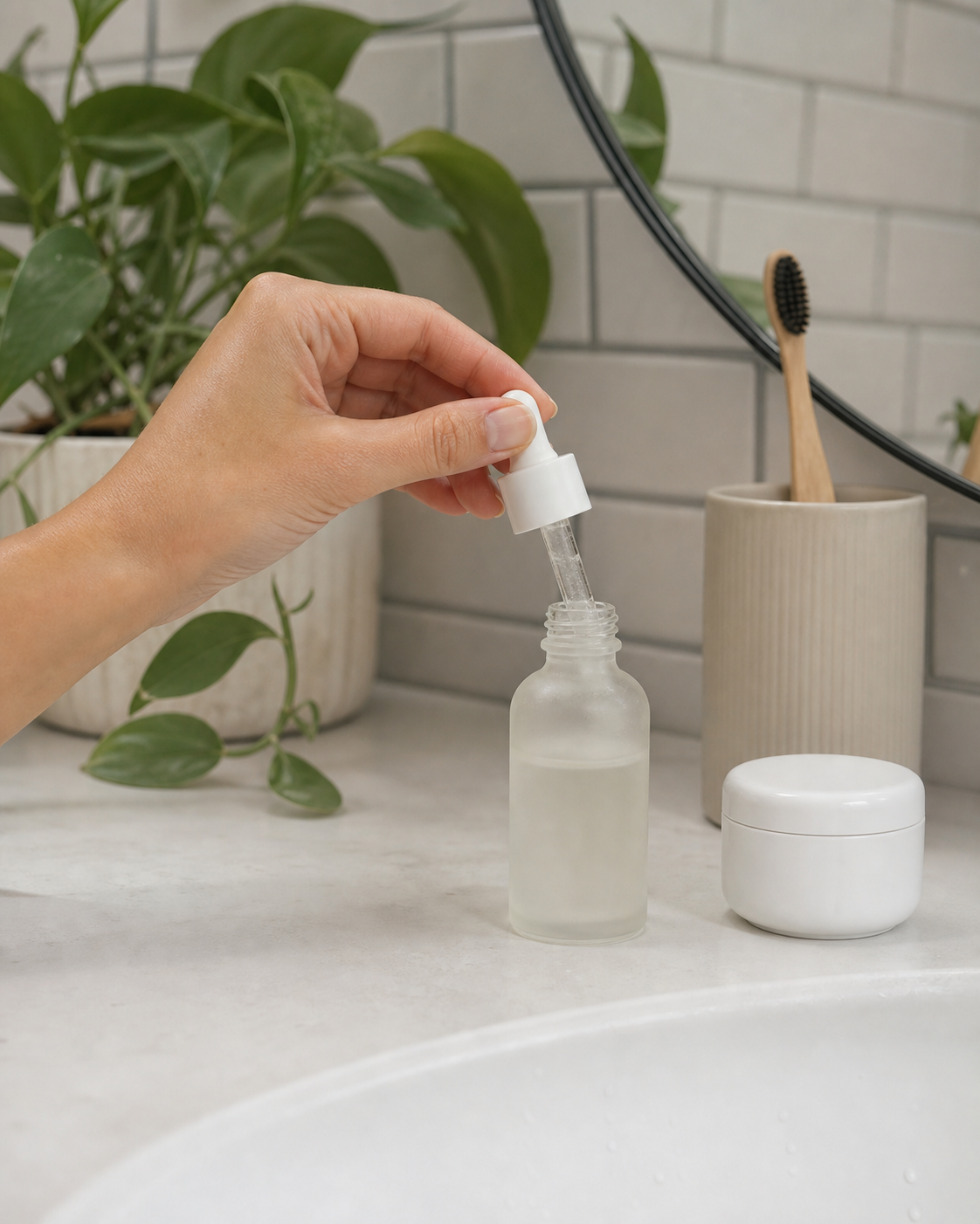 Instagram skincare routine with serum bottle