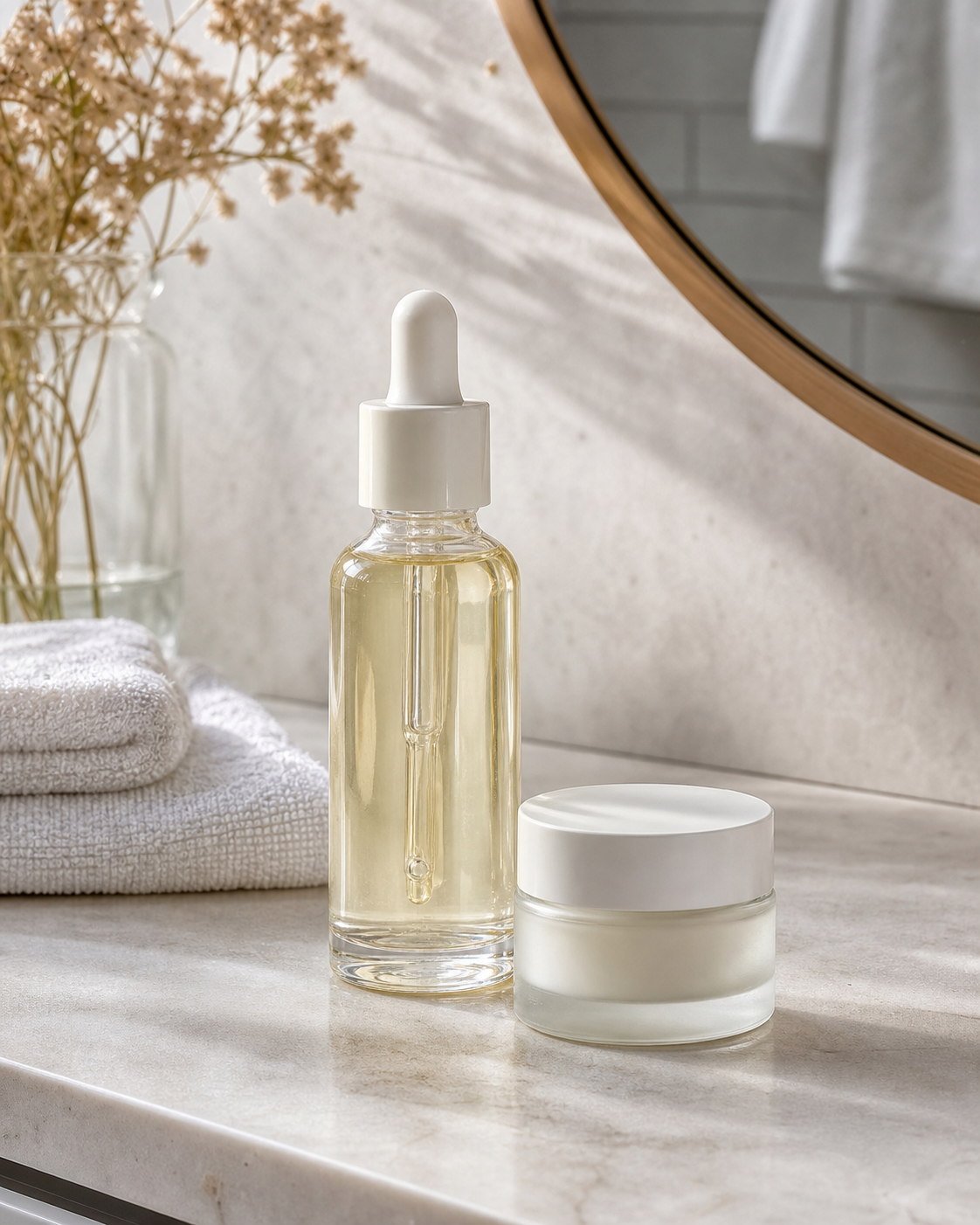 Instagram skincare serum on a bathroom shelf